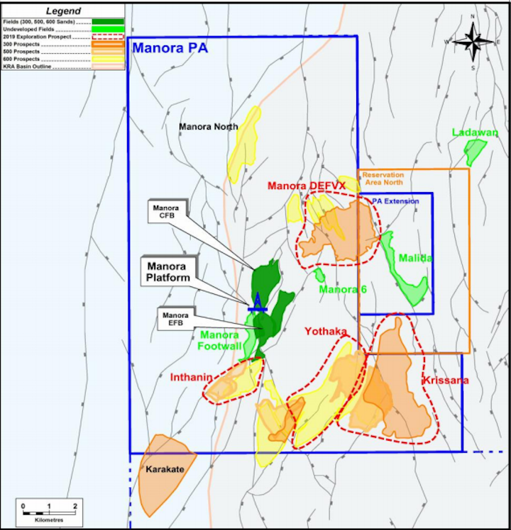 Location of the Inthanin, Krissana, and Yothaka prospects in the Gulf of Thailand.
