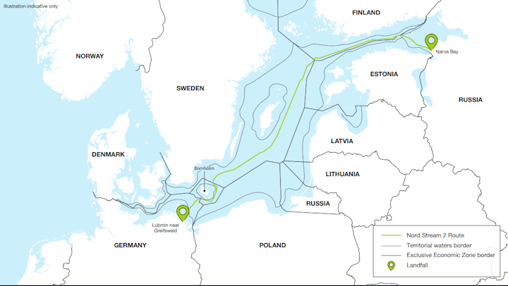 Nord Stream 2 gas pipeline route.
