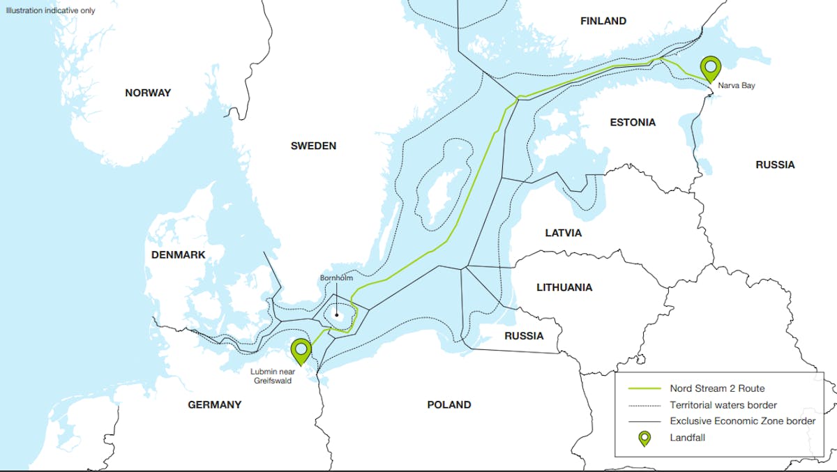 Nord Stream 2 gas pipeline route.