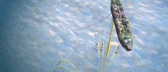 Artist impression of the FPSO connected through risers to the network of flowlines and subsea infrastructure.
