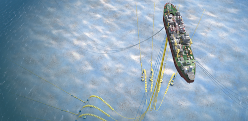 Artist impression of the FPSO connected through risers to the network of flowlines and subsea infrastructure.