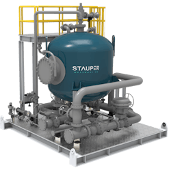 Stauper’s compact flotation unit ‘polishes’ produced water by introducing gas bubbles from the bottom of a vessel where the bubbles attach to the oil particles left in the water. Stauper’s compact flotation unit ‘polishes’ produced water by introducing gas bubbles from the bottom of a vessel where the bubbles attach to the oil particles left in the water.