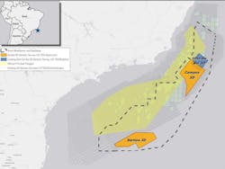 Outline of the multibeam and coring program in the Campos and Santos basins offshore Brazil.