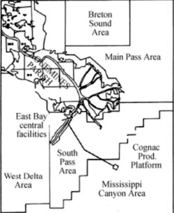 The Cognac pipeline connected Shell’s first deepwater discovery in the Gulf of Mexico to the company’s onshore system at Southwest Pass. The Cognac pipeline connected Shell’s first deepwater discovery in the Gulf of Mexico to the company’s onshore system at Southwest Pass.