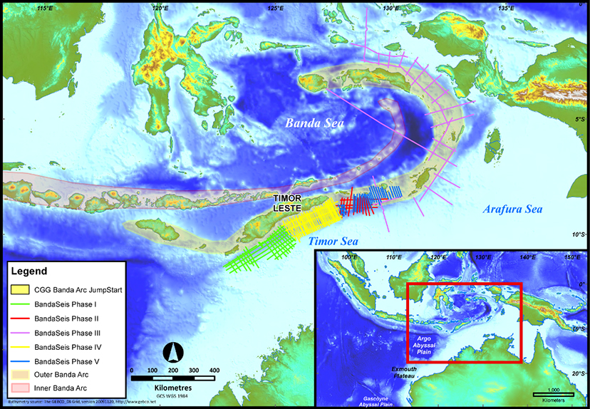 Map showing the Banda Arc JumpStart region including the BandaSeis 2D multi-client survey.