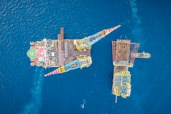 The S7000 approaching the S45 barge carrying the CA-KU-A1 jacket and topsides. The S7000 approaching the S45 barge carrying the CA-KU-A1 jacket and topsides.