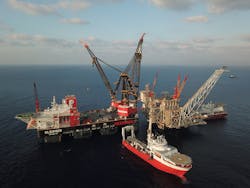 Sleipnir installing the Leviathan platform. Sleipnir installing the Leviathan platform.