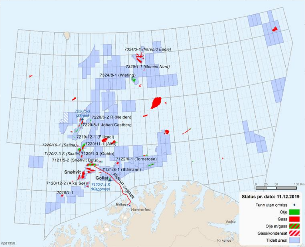 Awarded licenses in the Barents Sea together with field and discoveries under development.