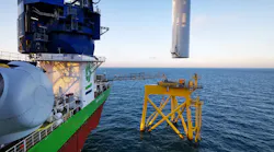 The jackup vessel Sea Installer installing a 7-MW turbine at the 714-MW East Anglia ONE offshore wind farm in the UK.