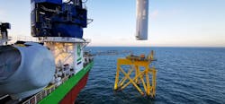 The jackup vessel Sea Installer installing a 7-MW turbine at the 714-MW East Anglia ONE offshore wind farm in the UK.