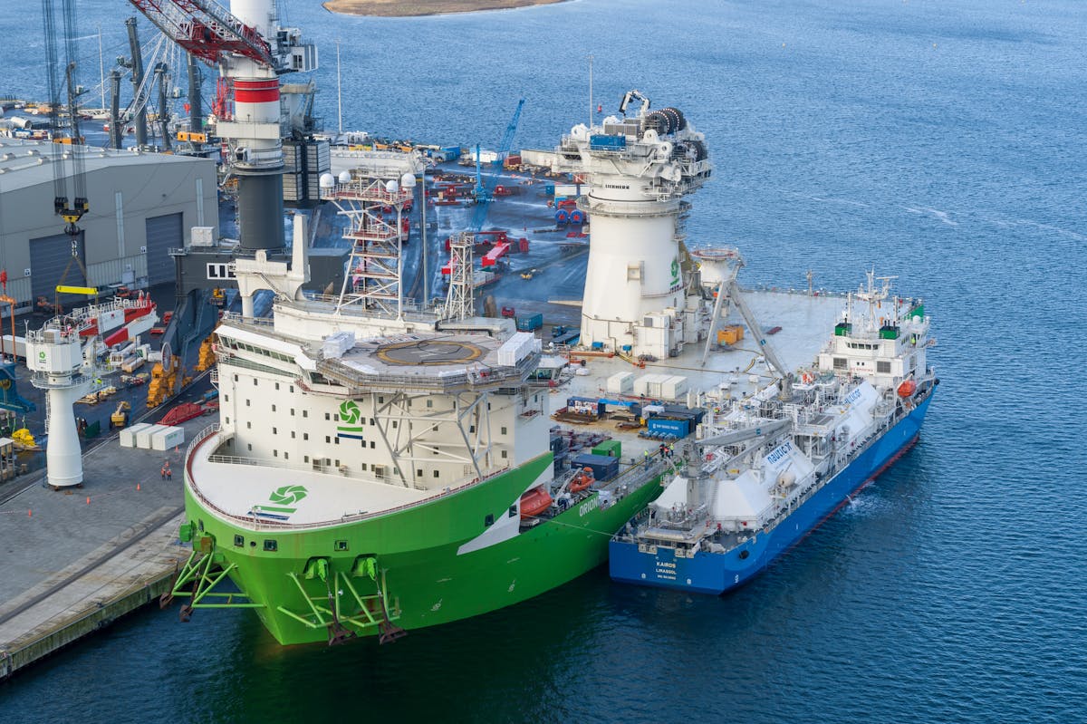 Nauticor&rsquo;s LNG bunker vessel Kairos supplying DEME&rsquo;s offshore installation vessel Orion at the Port of Rostock.