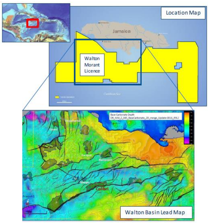 Walton Morant licence offshore Jamaica and location of the Colibri prospect in the Walton basin.