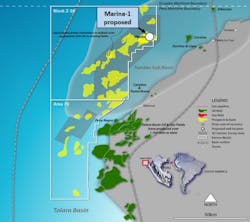 Location of the Marina-1 exploration well in block Z-38 offshore Peru. Location of the Marina-1 exploration well in block Z-38 offshore Peru.