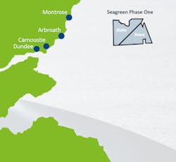 Location of the Seagreen wind farm offshore Scotland. Location of the Seagreen wind farm offshore Scotland.