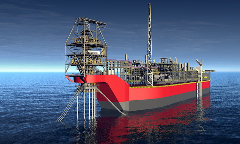 Rendering of the Sangomar field FPSO with SOFEC&rsquo;s external turret mooring system.