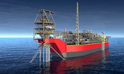 Rendering of the Sangomar field FPSO with SOFEC’s external turret mooring system. Rendering of the Sangomar field FPSO with SOFEC’s external turret mooring system.