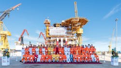 The new living quarters platform for Qatargas’ North Field expansion project offshore Qatar. The new living quarters platform for Qatargas’ North Field expansion project offshore Qatar.