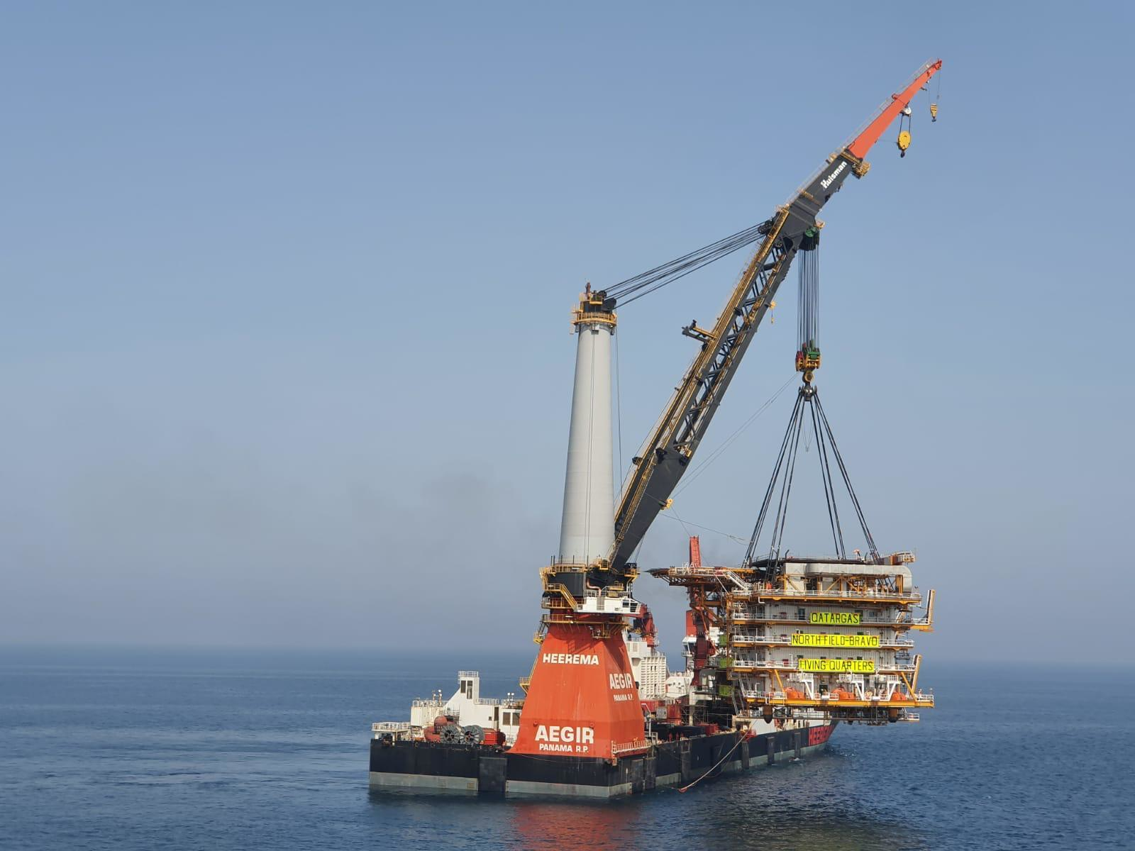 The heavy-lift vessel Aegir installing the North Field Bravo living quarters topsides offshore Qatar.