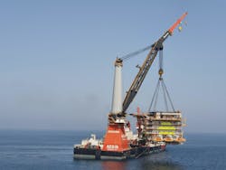The heavy-lift vessel Aegir installing the North Field Bravo living quarters topsides offshore Qatar.