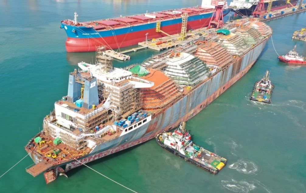 The Gimi FLNG vessel under conversion at Keppel Shipyard in Singapore.