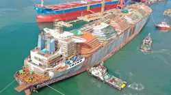The Gimi FLNG vessel under conversion at Keppel Shipyard in Singapore.