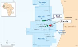 Location of the Banda and Tiof oil fields offshore Mauritania. Location of the Banda and Tiof oil fields offshore Mauritania.