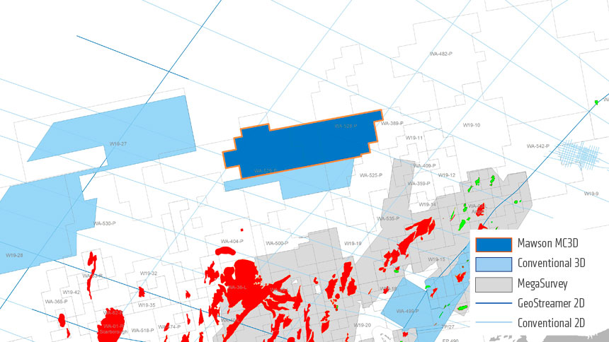 The Mawson multi-client GeoStreamer 3D survey (outlined in orange) covers part of the prospective North Carnarvon basin offshore Australia.