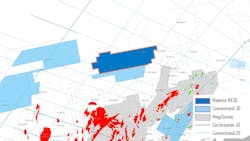 The Mawson multi-client GeoStreamer 3D survey (outlined in orange) covers part of the prospective North Carnarvon basin offshore Australia. The Mawson multi-client GeoStreamer 3D survey (outlined in orange) covers part of the prospective North Carnarvon basin offshore Australia.