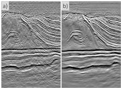 OBN images in the Santos basin: a) built through the conventional route b) obtained with LSRTM after IMA internal multiple removal. OBN images in the Santos basin: a) built through the conventional route b) obtained with LSRTM after IMA internal multiple removal.
