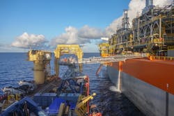 An Ampelmann E-type gangway system was mobilized on the Normand Installer vessel to allow personnel to access the FPSO Liza Destiny. An Ampelmann E-type gangway system was mobilized on the Normand Installer vessel to allow personnel to access the FPSO Liza Destiny.