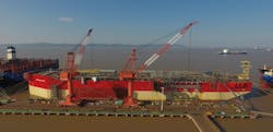 The Energean Power FPSO hull at the COSCO yard in Zhoushan, China.