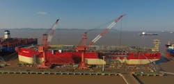 The Energean Power FPSO hull at the COSCO yard in Zhoushan, China. The Energean Power FPSO hull at the COSCO yard in Zhoushan, China.