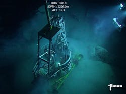 The Seafloor Drill 2 in action in the Great Australian Bight, 2,200 m (7,218 ft) below sea level. The Seafloor Drill 2 in action in the Great Australian Bight, 2,200 m (7,218 ft) below sea level.