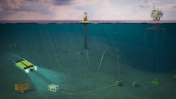 The OPT PB3 PowerBuoy wave energy converter is pictured with single point mooring integrating power and data transmission connected to a subsea battery solution and AUV charging station. Developed with Modus Seabed Intervention using a Saab Seaeye Sabertooth AUV, the concept has been submitted for US government development and demonstration project funding consideration.