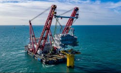 The heavy-lift vessel Gulliver installing one of two substations for the SeaMade offshore wind farm in the Belgium North Sea. The heavy-lift vessel Gulliver installing one of two substations for the SeaMade offshore wind farm in the Belgium North Sea.