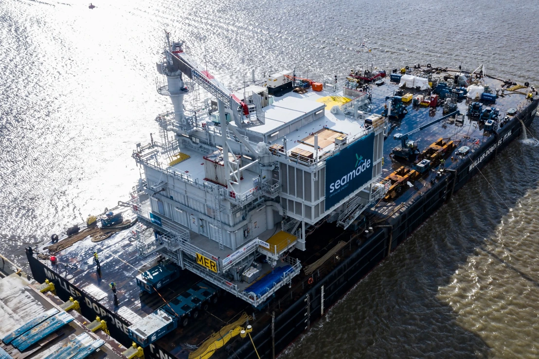 The first substation sets sail for the SeaMade offshore wind farm in the Belgian North Sea.