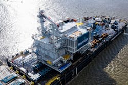 The first substation sets sail for the SeaMade offshore wind farm in the Belgian North Sea. The first substation sets sail for the SeaMade offshore wind farm in the Belgian North Sea.