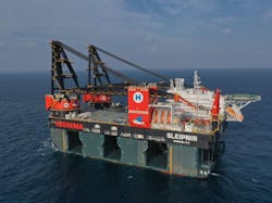 The semisubmersible crane vessel is named after the Norse God Odin's eight-legged stallion. The semisubmersible crane vessel is named after the Norse God Odin's eight-legged stallion.