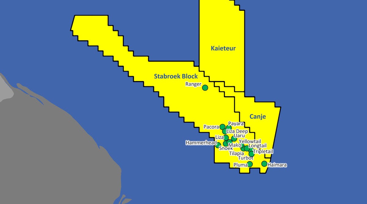 Discoveries on the Stabroek block offshore Guyana.