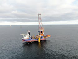 The Aeolus installing the slip joint foundation at the Borssele Site V in the Dutch North Sea. The Aeolus installing the slip joint foundation at the Borssele Site V in the Dutch North Sea.