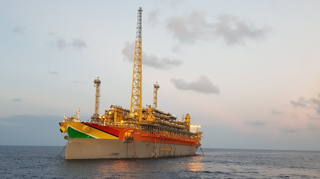The FPSO Liza Destiny is moored 118 mi (190 km) offshore Guyana, and is connected to four subsea drill centers supporting 17 wells.