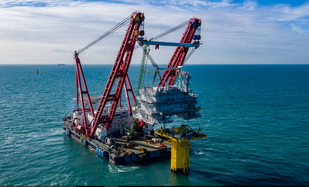 The heavy-lift vessel Gulliver installing one of two substations for the SeaMade offshore wind farm in the Belgium North Sea.