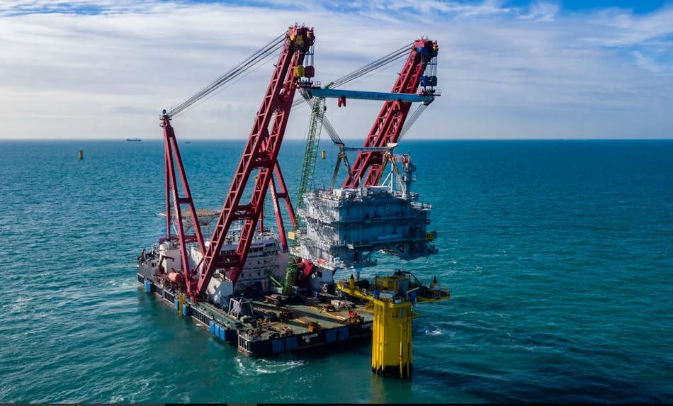 The heavy-lift vessel Gulliver installing one of two substations for the SeaMade offshore wind farm in the Belgium North Sea.