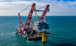 The heavy-lift vessel Gulliver installing one of two substations for the SeaMade offshore wind farm in the Belgium North Sea. The heavy-lift vessel Gulliver installing one of two substations for the SeaMade offshore wind farm in the Belgium North Sea.
