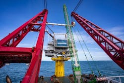 One of two 1,200-metric ton substations for the SeaMade offshore wind farm. One of two 1,200-metric ton substations for the SeaMade offshore wind farm.