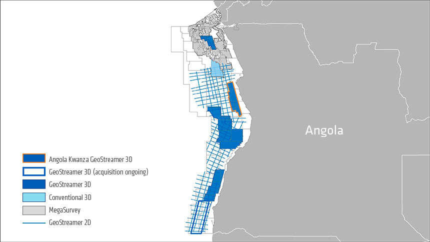 Angola Kwanza GeoStreamer 3D seismic coverage (orange outline)