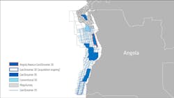 Angola Kwanza GeoStreamer 3D seismic coverage (orange outline) Angola Kwanza GeoStreamer 3D seismic coverage (orange outline)