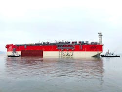 The hull of the FPSO Energean Power is being towed from the COSCO yard in China to the Sembcorp Marine Admiralty Yard in Singapore.