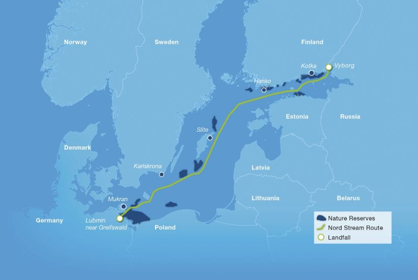 The Nord Stream gas pipeline route in the Baltic Sea.