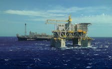 The Papa-Terra oil and gas field development offshore Brazil features the P-61 tension leg wellhead platform and the FPSO P-63.